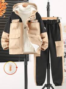 Tween Boys Outdoor Patchwork Wind-Resistant Workwear Casual Jacket And Pants Set - Khaki - View 1