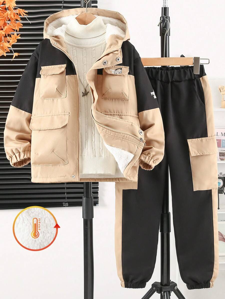 Tween Boys Outdoor Patchwork Wind-Resistant Workwear Casual Jacket And Pants Set - Khaki - View 1