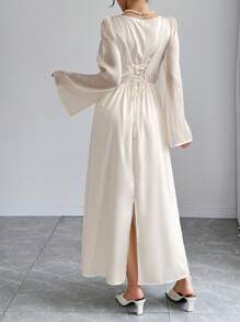 Elenzga Women's Solid Color Scoop Neck Flutter Sleeve Jacquard Woven Dress Maxi Women Outfit