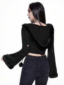 ROMWE Goth 女式深色哥特式风格破旧连帽轻质开衫 - 黑色 - 查看 3