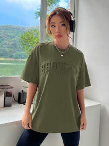 SHEIN EZwear 夏季上衣 粉色纯色字母压花落肩 T 恤 - 軍綠色 - 查看 6