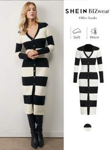 BizChic Vestido de suéter tejido a rayas blancas y negras casual y elegante para mujer, de manga larga, para usar en la oficina o de vacaciones, apto para primavera/verano - Blanco y Negro - Ver 1