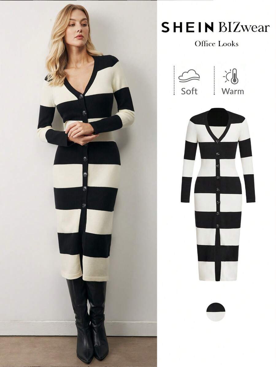 BizChic Vestido de suéter tejido a rayas blancas y negras casual y elegante para mujer, de manga larga, para usar en la oficina o de vacaciones, apto para primavera/verano - Blanco y Negro - Ver 1