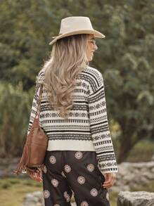 LanaWest 女士几何图案乡村度假休闲针织套头衫秋冬款 - 黑與白 - 查看 2