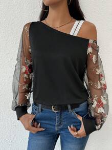 SHEIN LUNE 女士春夏季花卉刺繡不對稱網紗休閒上衣 - 黑色 - 查看 7