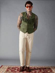 Manfinity VCAY 男式复古纯色绒面仿皮背心带流苏装饰 - 軍綠色 - 查看 5