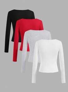 SHEIN Essnce 4 chiếc áo thun tay dài cổ vuông màu trơn đơn giản đa năng dành cho nữ, mùa xuân và mùa hè - Nhiều màu - Xem 2