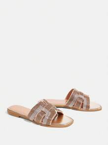 CUCCOO TILAWA Gold Ombre Shiny Rhinestone Embellished Casual Party Slippers, Slide Sandals - Gold - View 5