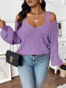 Celure Plus Size Solid Color Cold Shoulder Long Sleeve Casual Sweater Knit Pullover Fall Winter - Mauve Purple - View 2