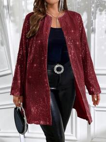 SHEIN Clasi Plus Size Sequin Solid Color Round Neck Zipper Jacket, Casual & Fashionable For Everyday - Burgundy - View 6