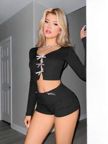Sweetina 1 Set Estilo minimalista Mujer Blusa de manga larga y shorts, uso casual de todos los días