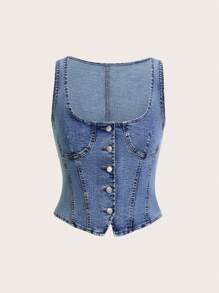 SHEIN ICON Áo sơ mi denim đơn giản không tay cài nút phía trước phong cách đường phố dành cho nữ, mặc thường ngày - Màu xanh lam - Xem 1