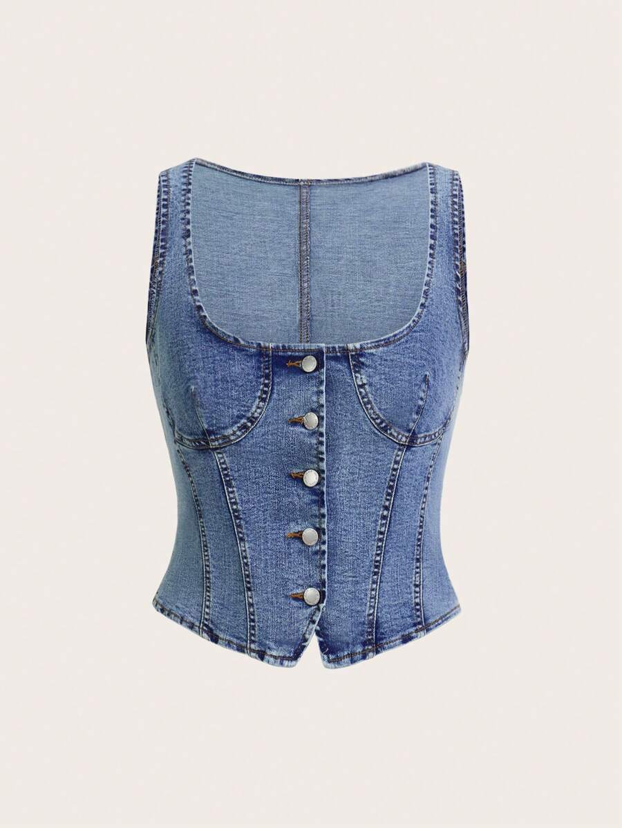 SHEIN ICON Áo sơ mi denim đơn giản không tay cài nút phía trước phong cách đường phố dành cho nữ, mặc thường ngày - Màu xanh lam - Xem 1