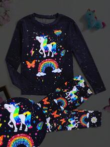 SHEIN Tween Girls Glowing Unicorn & Rainbow Graphic Crew Neck Long Sleeve Snug Fit Pajamas Set, 2 Pcs, Cozy & Adorable - Multicolor - View 3