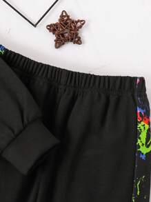 2 件套年轻男孩时尚夜光涂鸦印花连帽运动衫和裤子套装，秋冬 - 黑色 - 查看 3