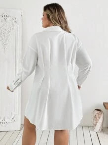 SHEIN CURVE+ 秋季大码女士优雅休闲通勤上班，白色腰部收紧长袖衬衫裙 - 白色 - 查看 2
