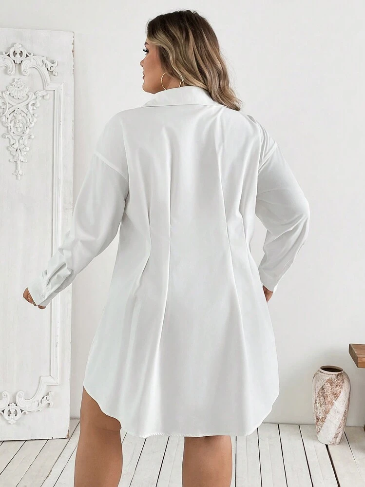SHEIN CURVE+ Đầm sơ mi dài tay màu trắng bó eo thanh lịch cho quý cô ngoại cỡ đi làm vào mùa thu - trắng - Xem 2