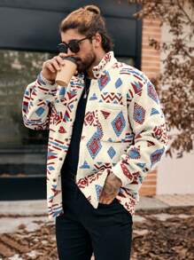 Manfinity CasualCool Men's Geometric Pattern Button-Up Pocket Shacket, Autumn/Winter,Boyfriend Gift,Winter Warm Jacket,Fall Men Clothes,Winter Men Jacket,Coral Fleece Jacket