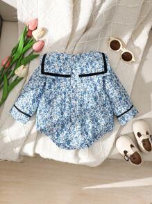 SHEIN Body dla noworodka z pełnym nadrukiem kwiatowym i kokardką, kołnierzykiem Piotruś Pan, długim rękawem - Wielokolorowe - Zobacz 8