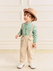 SHEIN Vintage Gentleman Style Baby Boys 2pcs Set: Textured Fabric Shirt + Cargo Suspender Pants, Cute Casual Outfit - Dusty Blue - View 5