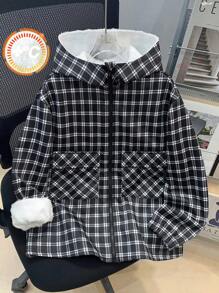 Tween Boy Casual Loose Hooded Fleece Plaid Jacket, Suitable For Commuting, School, Daily Casual, Sports, Autumn/Winter Season - Black - View 4