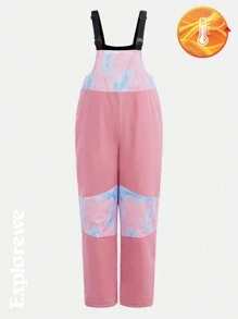 SHEIN 2st/set Tie-Dye Mönster Huva långärmad jacka och haklappsbyxor Isolerad skiddräkt för tonårsflickor - Rosa - Visa 3