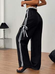 Chiquease Women's Bow Decor Black & White Contrast Color Ruffled Long Pants - Black - View 2