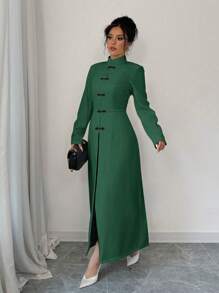 Chiquease Women's French Button Long Coat - Dark Green - View 3