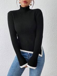 SHEIN Unity French Style Autumn/Winter New Semi-Turtleneck Asymmetrical Hem Fitted Knit Sweater Top, Women's Pullover Pullover Fall - Multicolor - View 4