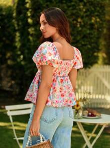 KARISMINA 女士度假风格碎花印花泡泡袖方形领口衬衫、短袖上衣 - 粉色 - 查看 2