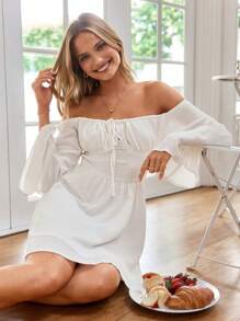 KARISMINA Women's Elegant Romantic Off Shoulder Flounce Sleeve Waist Dress Summer Outfits For Women,For Summer Vacation