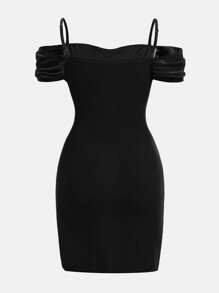 SHEIN Girlism Elegant Luxurious Open Shoulder Pleated Tulip Hem Fitted Knit Party Dress, Suitable For Dates, Gatherings, Birthdays, Parties - Black - View 2