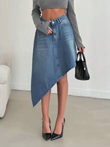 EURMUSE HIGH RISE ASYMMETRIC CUT DENIM SKIRT - Medium Wash - View 3