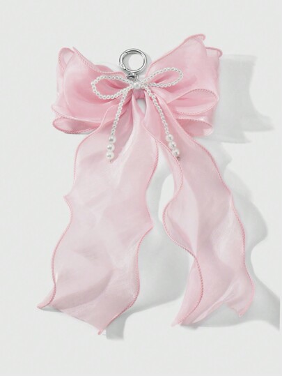 Kawaii 1 pieza Accesorio colgante decorativo de llave estilo coreano minimalista, hecho a mano con perlas falsas blancas y lazo de malla rosa, delicado y estético, adecuado para uso diario de niñas/mujeres, regalo