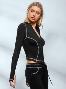 SHEIN EZwear Women's Yoga Sports Jacket, Moisture-Wicking, Quick Dry, Contrast Color Stitching, Slim Fit, Mock Neck, Zipper Closure - Black - View 5