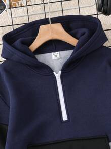 SHEIN 男童休闲撞色拼接连帽套头衫，半拉链长袖针织卫衣，黑白配色，适合上学、花园、海滩、生日等场合，四季皆宜，尤其适合秋冬季节。 - 藏蓝色 - 查看 4