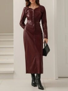 Aveloria Modichic Conjunto de 2 piezas de moda de otoño con chaqueta simple de PU y falda larga para ropa de fiesta de vacaciones