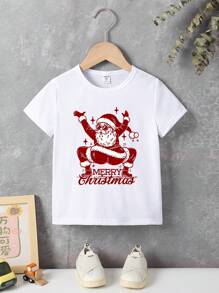 圣诞节小男孩休闲创意圣诞老人文字印花短袖T恤，时尚父子装（2件单独出售） - 白色 - 查看 4