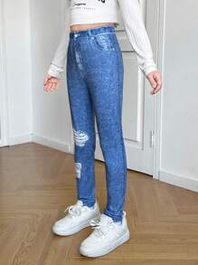 SHEIN Tween Girls Slim Fit Casual Jegging Pants - Blue - View 7