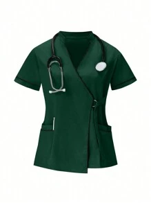 SHEIN TaskFit 2 件套撞色边饰休闲短袖上衣和纯色长裤制服套装，手术服套装 - 墨綠色 - 查看 4