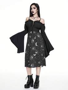 ROMWE Gaun Midi Wanita Gaya Gothic Dark Witch Moon & Star Forest dengan Lengan Mengembang dan Tali Renda, Model Off Shoulder, dan Hiasan Pita. - Hitam - View 5