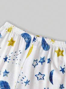 SHEIN Kleine Jungen 2-teiliges Pyjama-Set mit Stern- und Mond-Muster, elegant, bequem, langärmelig, Hemd und langer Hose
