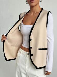 Lunelith SHEIN Lunessa Parte superior informal con botones en el frente, sin mangas, con bolsillo y ribete de contraste, para uso diario