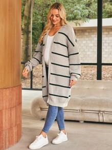 SHEIN Pregnant Women Striped Knitted Cardigan, Casual For Everyday Wear - Brown - View 5
