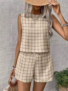SHEIN LUNE Women's Plaid Print Round Neck Vest And Shorts 2pcs Casual Set