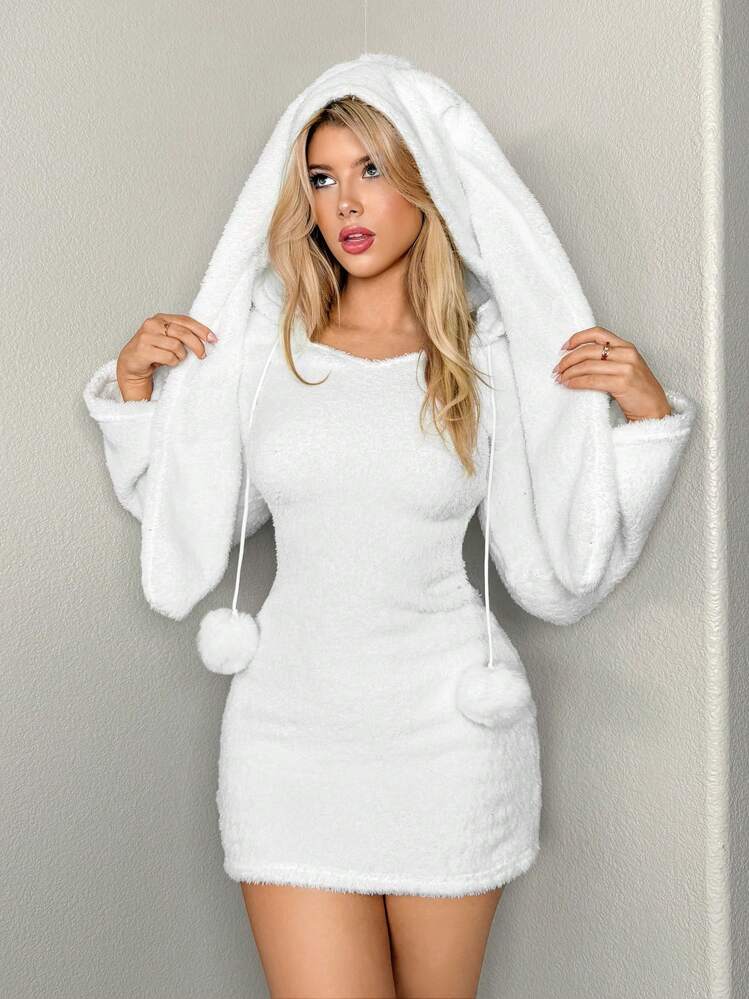 Sweetina Rabbit Ear & Fur Ball Decor Bodycon Mini Dress - White - View 5