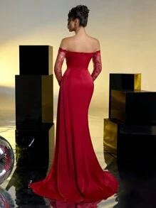 Glamrae Váy dạ hội đuôi cá trễ vai, tay dài, ren satin co giãn, xếp nếp, xẻ tà cao, váy dự tiệc sang trọng và thanh lịch, váy dự tiệc cưới - Đỏ - Xem 3