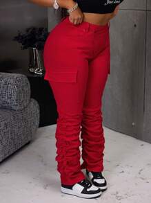 Plus Size Women Red Denim Elastic Personalized Extra Long Harem Pants - Red - View 3