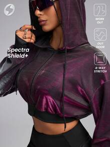 Innovista 金属面料紫色变形运动夹克、女式连帽衫、运动上衣、运动短款上衣、运动服、女式网球服、Y2K 服装、电子派对夹克、外出上衣 - 紫色 - 查看 12
