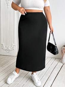 SHEIN CURVE+ Plus Size Women's Black Elastic Knitted Midi Pencil Skirt - Black - View 7